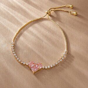 3/$35 Copper Chain Bracelet Pink Heart Gold Cubic Zirconia Diamond Crystal